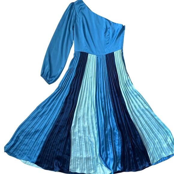 Adelyn Rae Cher One Shoulder Pleated Colorblock Midi Dress Lapis Blue Size Small - Picture 4 of 11